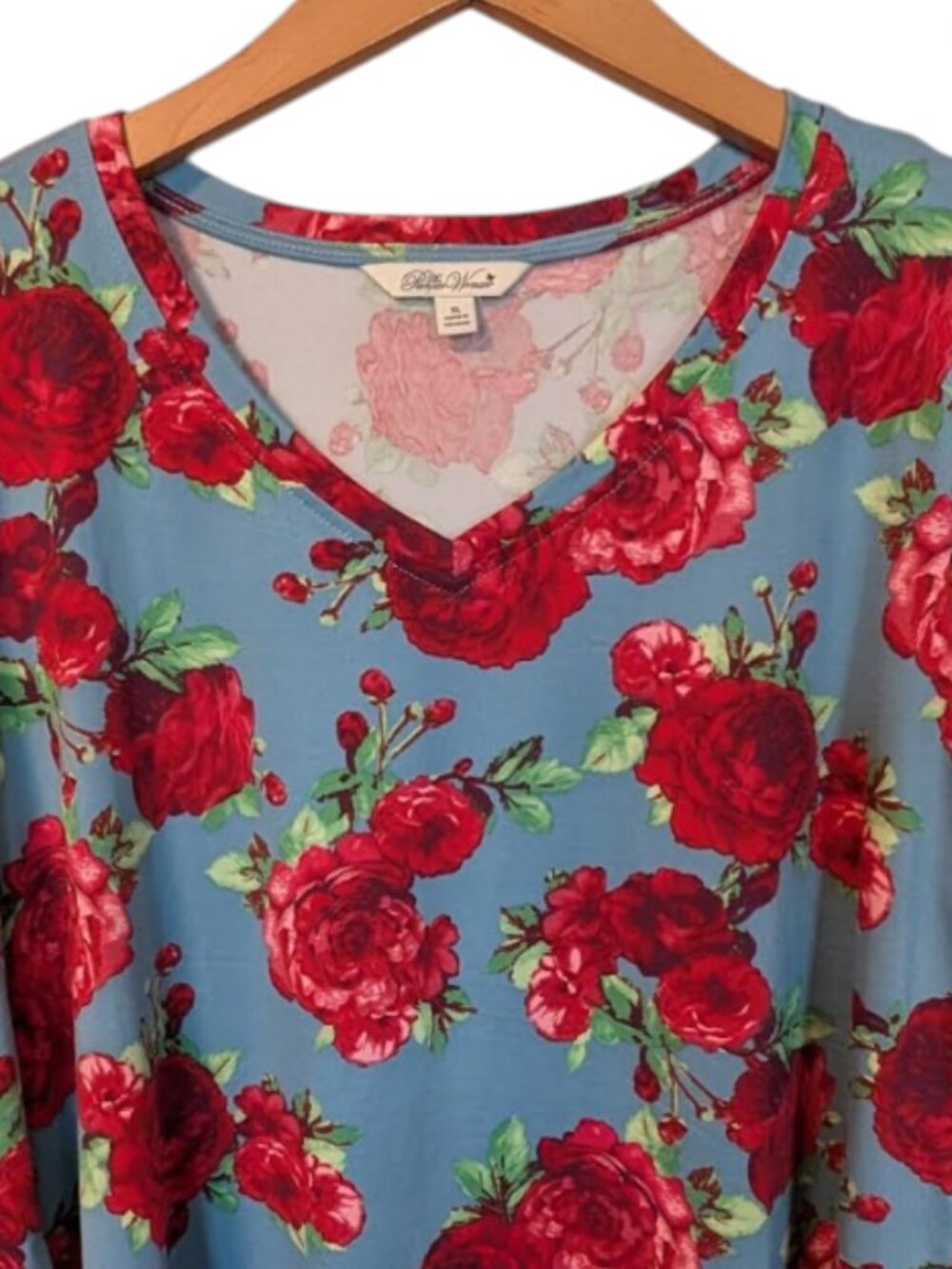 Pioneer Woman Blue Rose Floral Top XL Cottagecore Farmhouse Chic 3/4 Sleeve - Picture 4 of 7